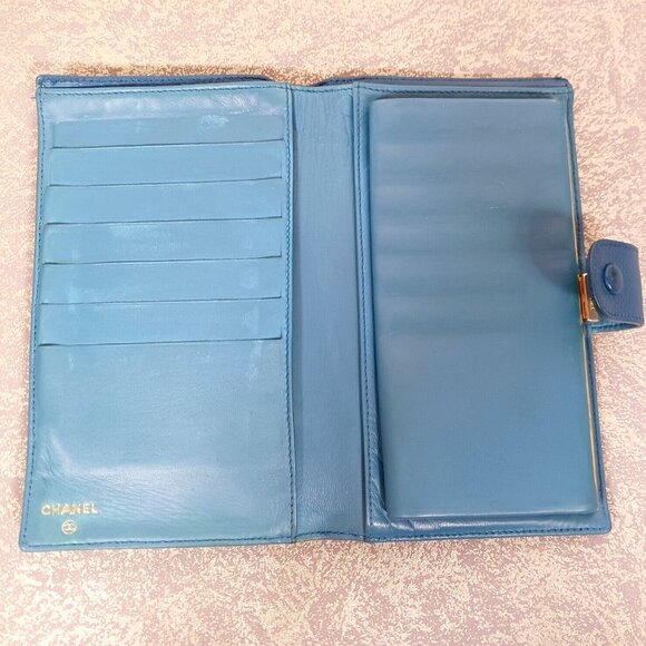 🔥💎 Chanel Caviar Kiss Lock Leather CC Logo Long Wallet Purse Blue Full set - Picture 12 of 16